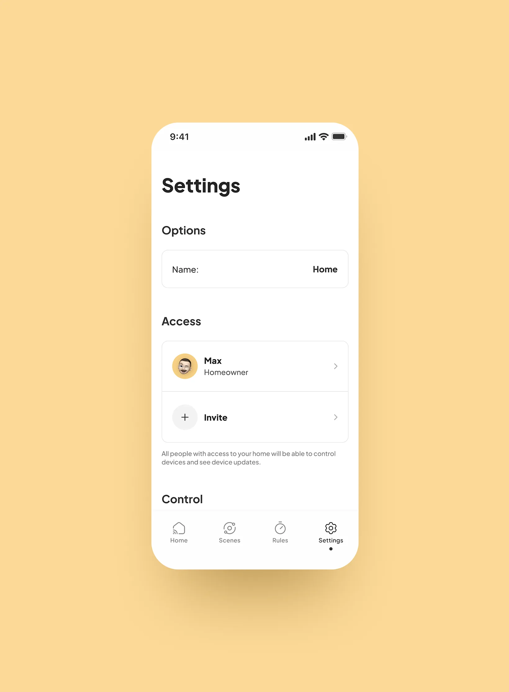 Smart home app concept settings screen view
