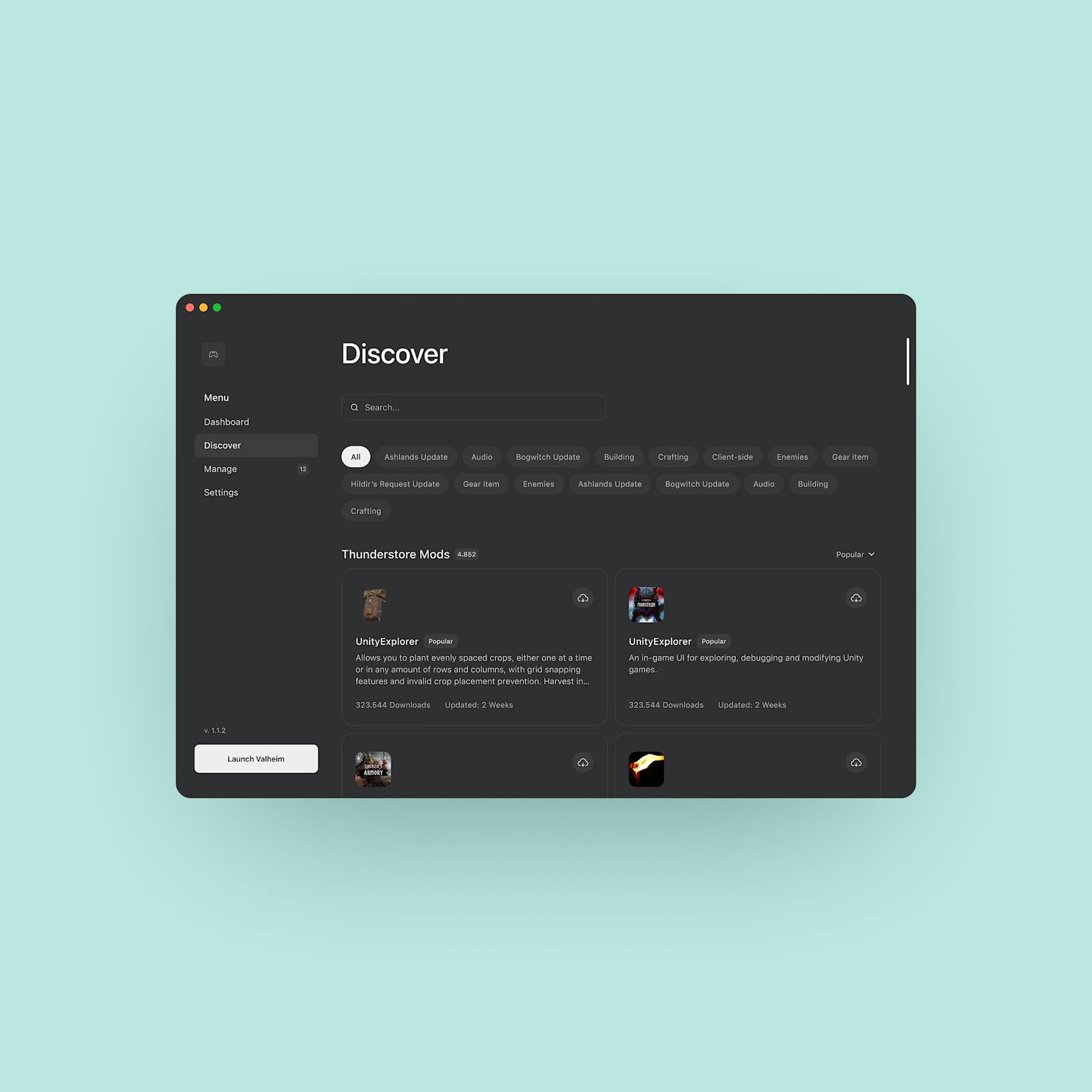 Valheim Mac Mod Manager discover dark mode view
