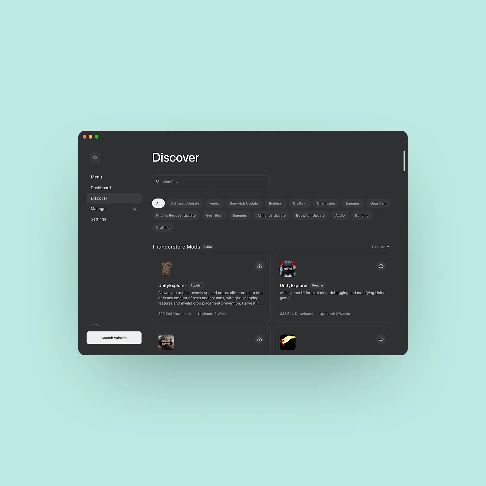 Valheim Mac Mod Manager discover dark mode view