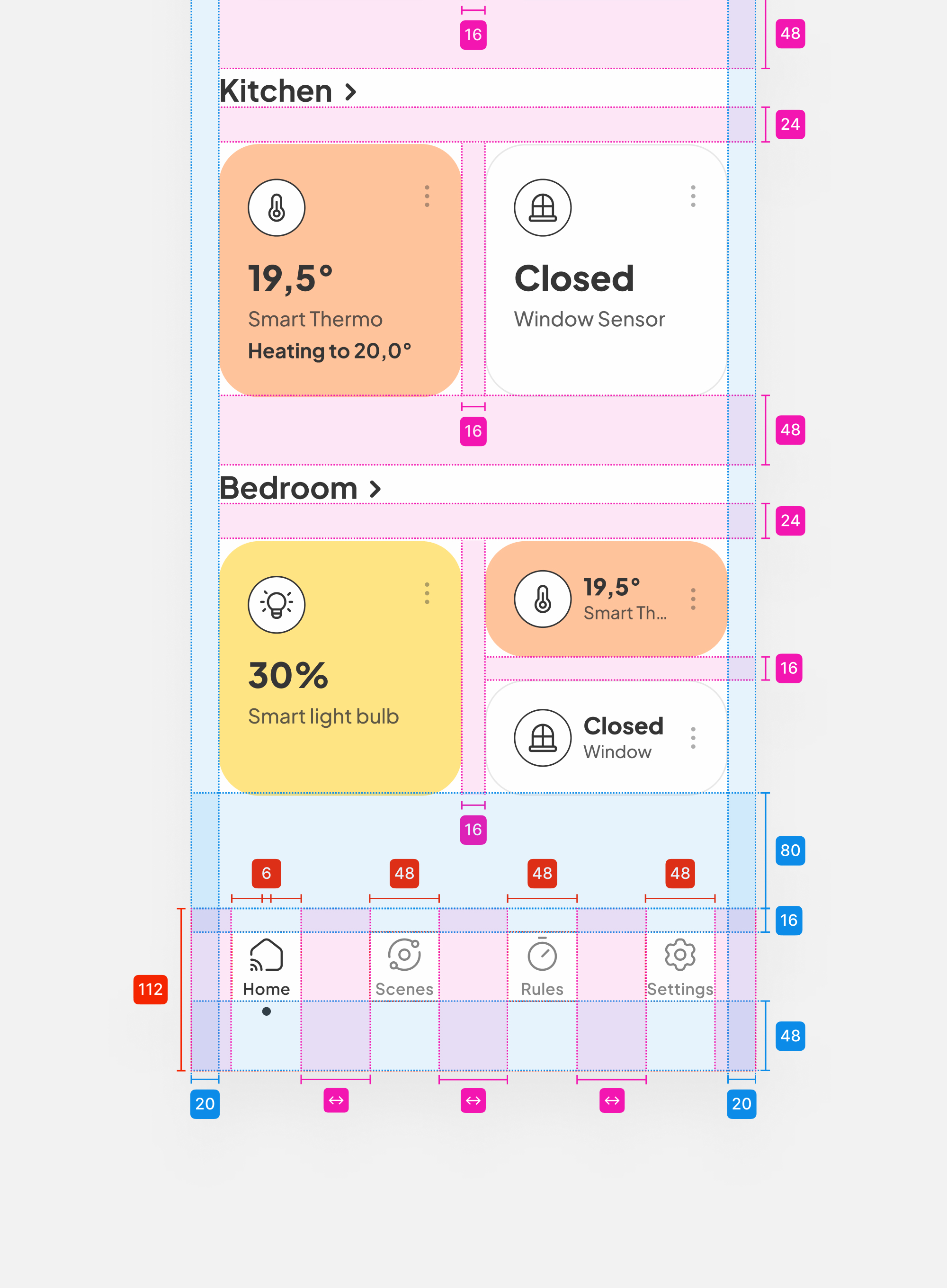Smart home app concept home screen footer measurements
