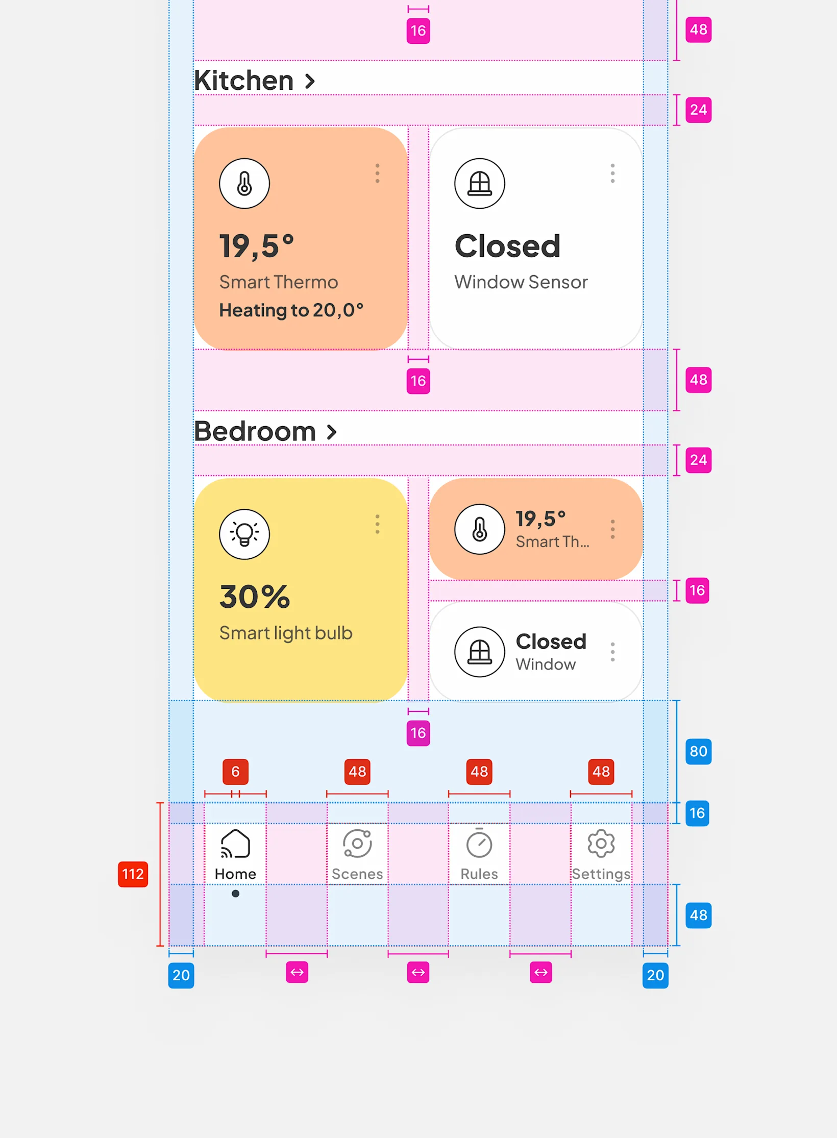 Smart home app concept home screen footer measurements