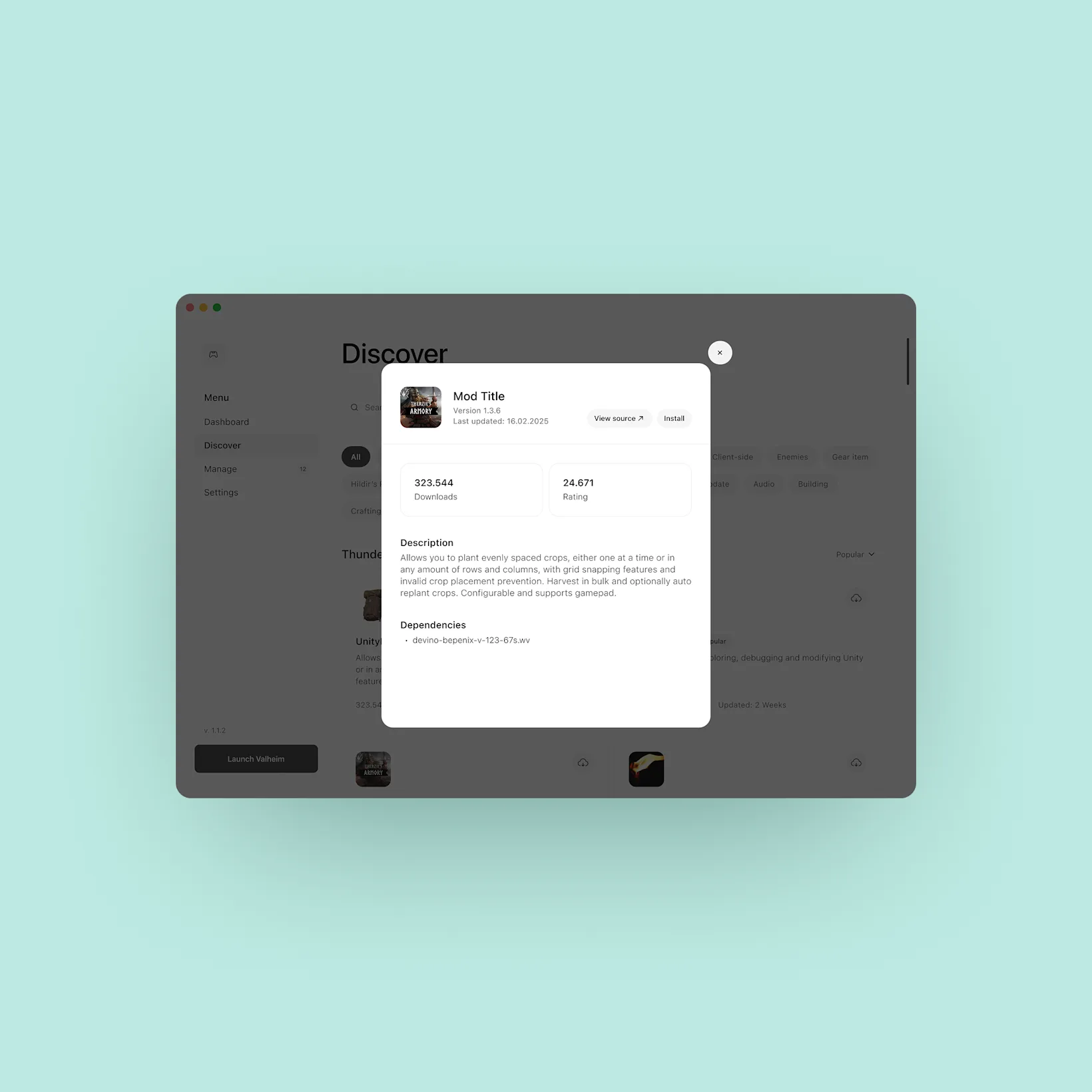 Valheim mac mod manager discover list item detail modal light mode view