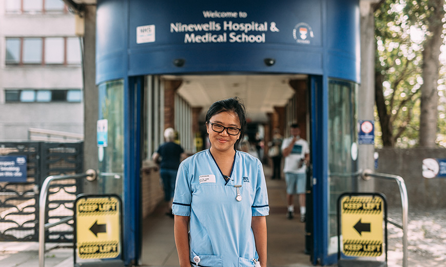 Olivia standing outside Ninewells Hospital and Medical School in her ...