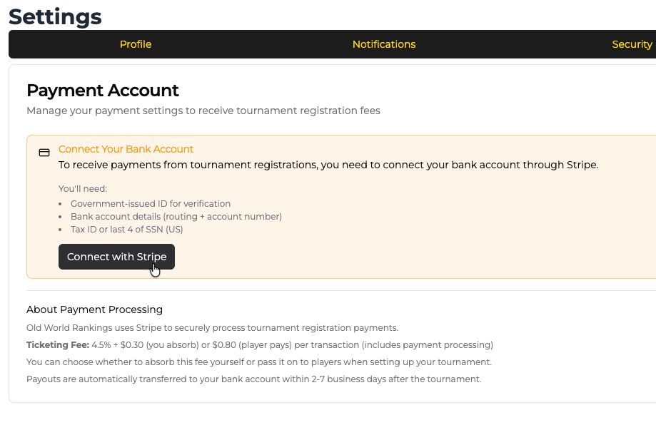 Stripe Setup - Payment Account Settings