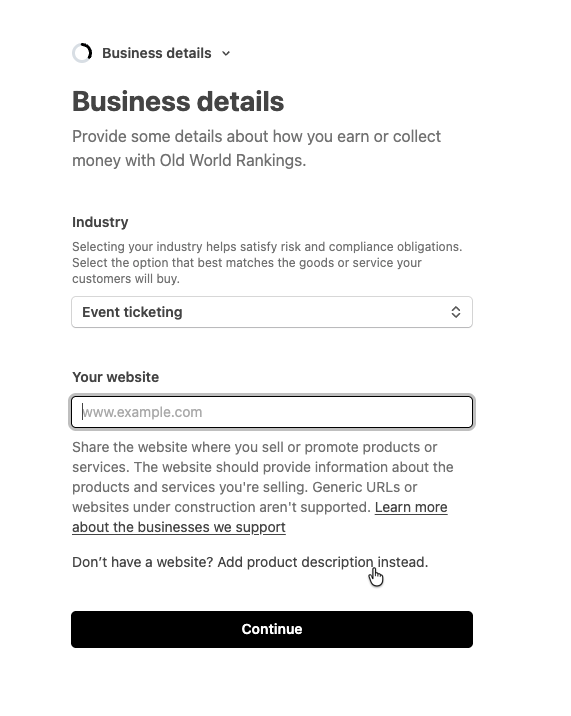 Stripe Setup - Business Details