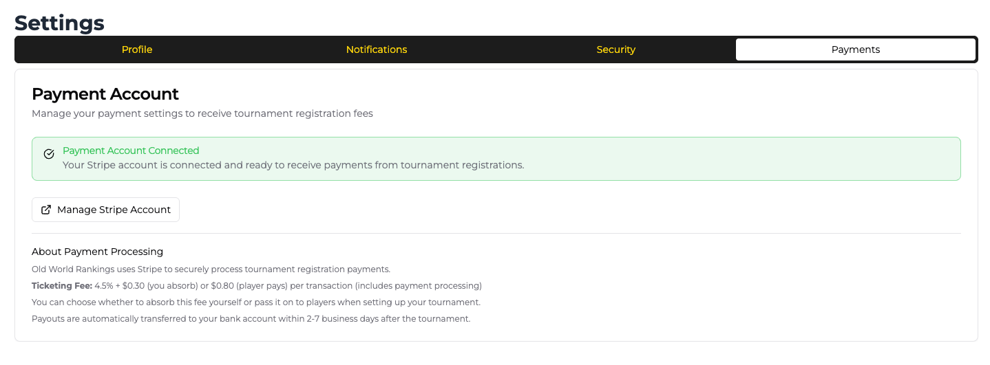 Stripe Setup - Payment Account Connected