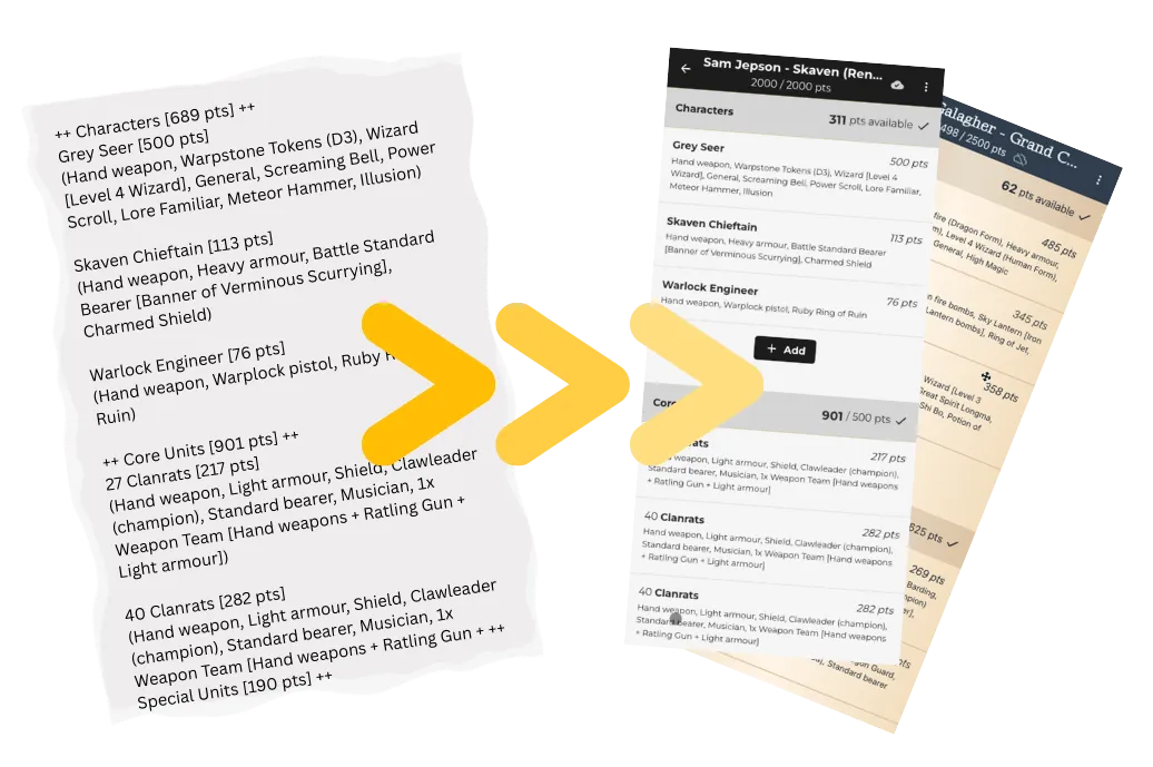 Text army list converted to interactive Battle Builder format