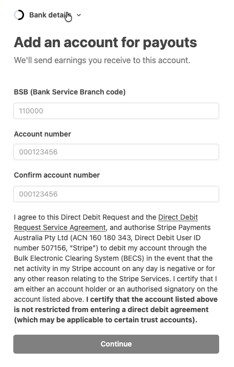 Stripe Setup - Bank Account Details