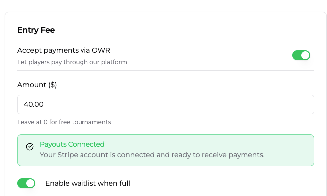 Stripe Setup - Entry Fee Connected