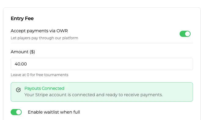Stripe Setup - Entry Fee Connected