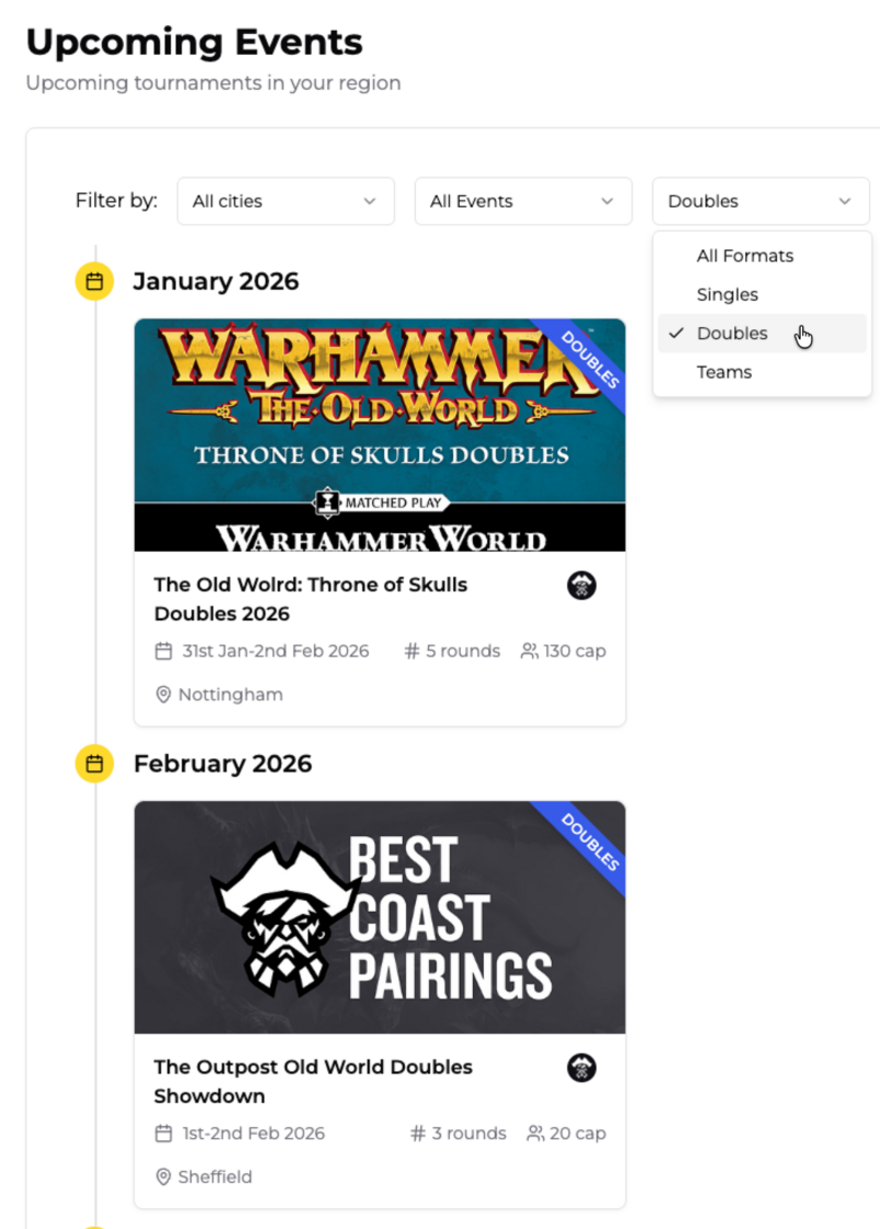 Doubles & Teams format filter on Upcoming Events