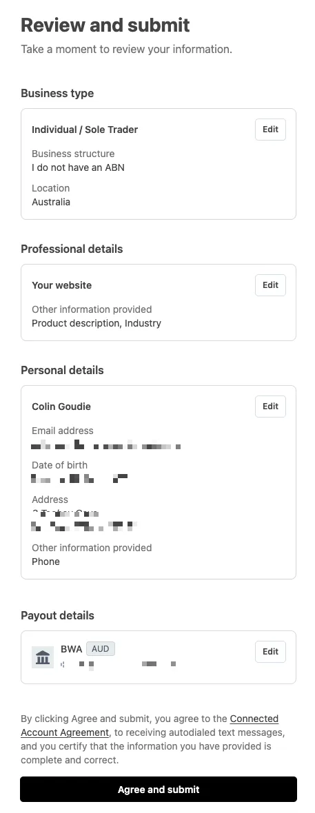 Stripe Setup - Review and Submit