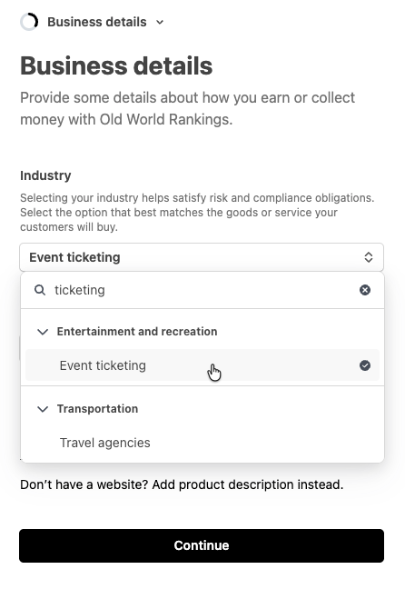 Stripe Setup - Industry Selection