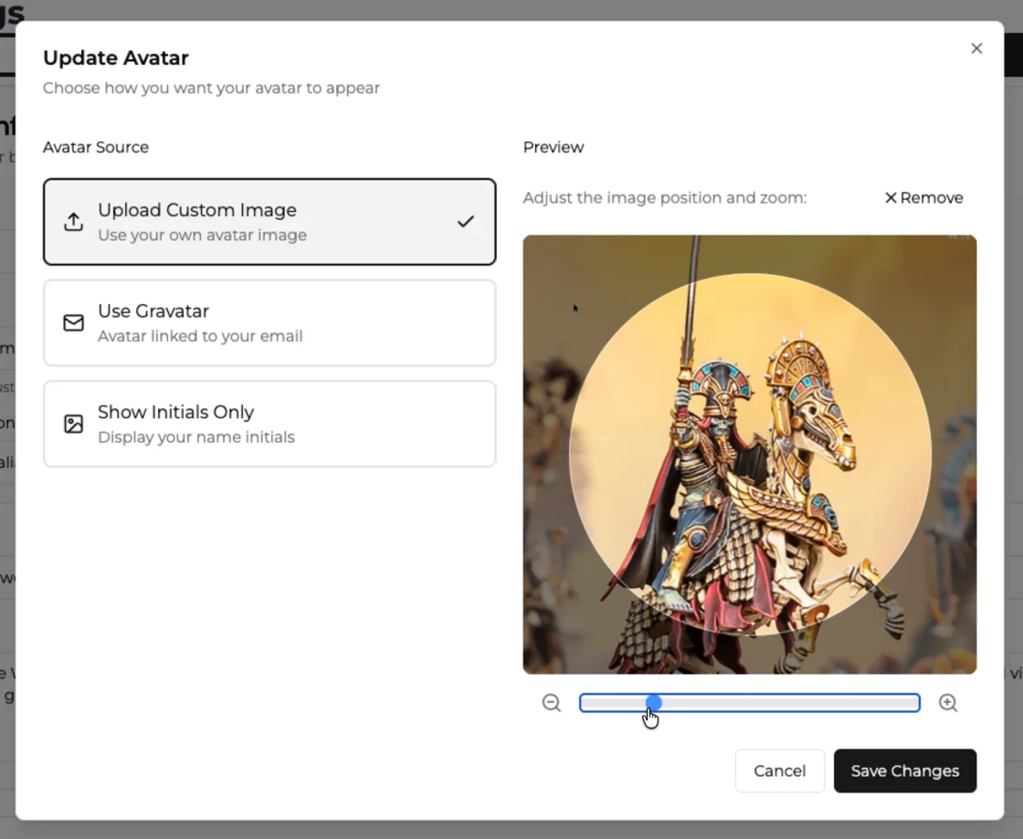 Custom Avatar profile settings