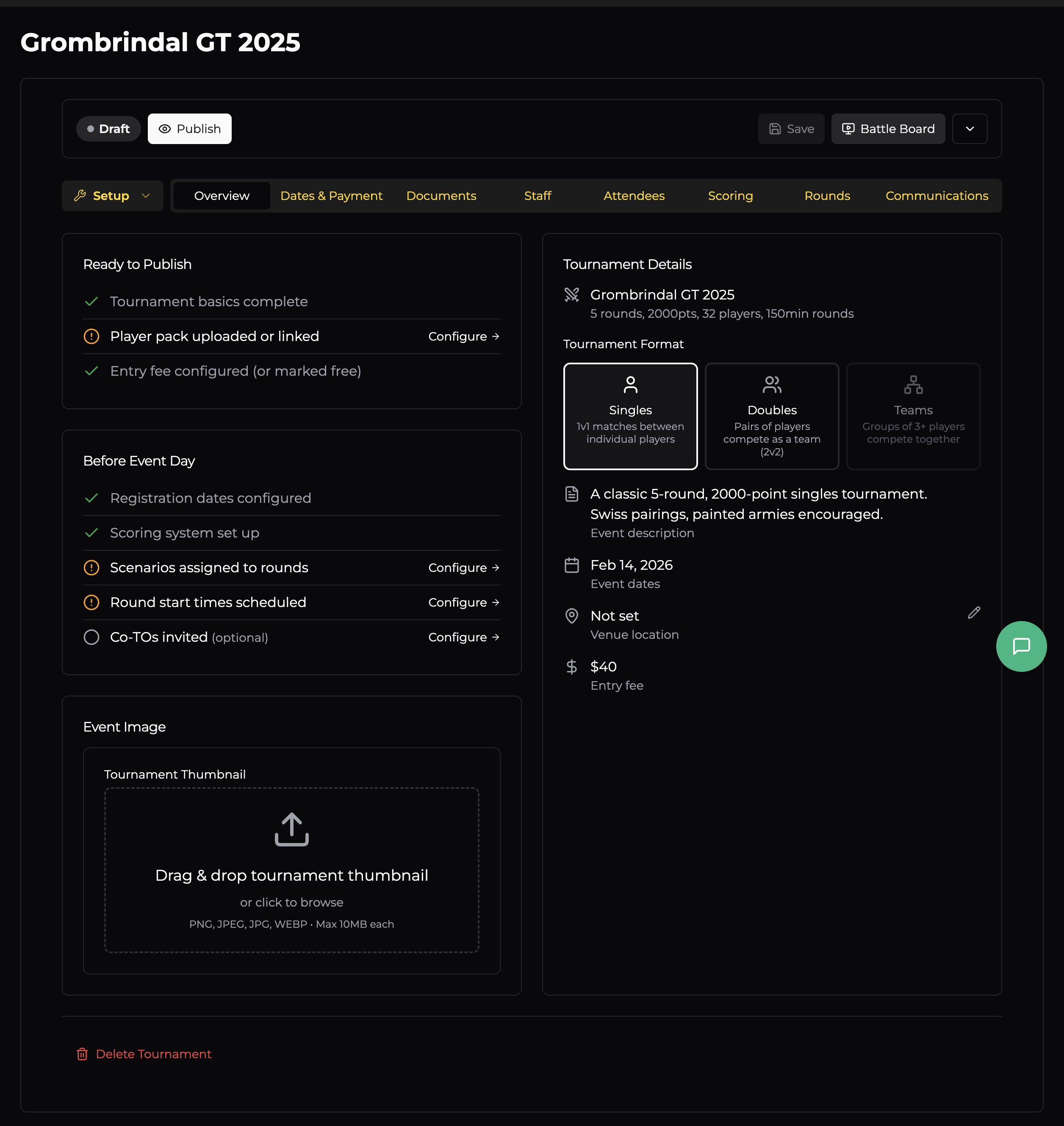 Tournament Hosting — Overview Tab