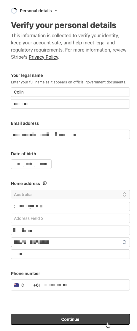Stripe Setup - Personal Details