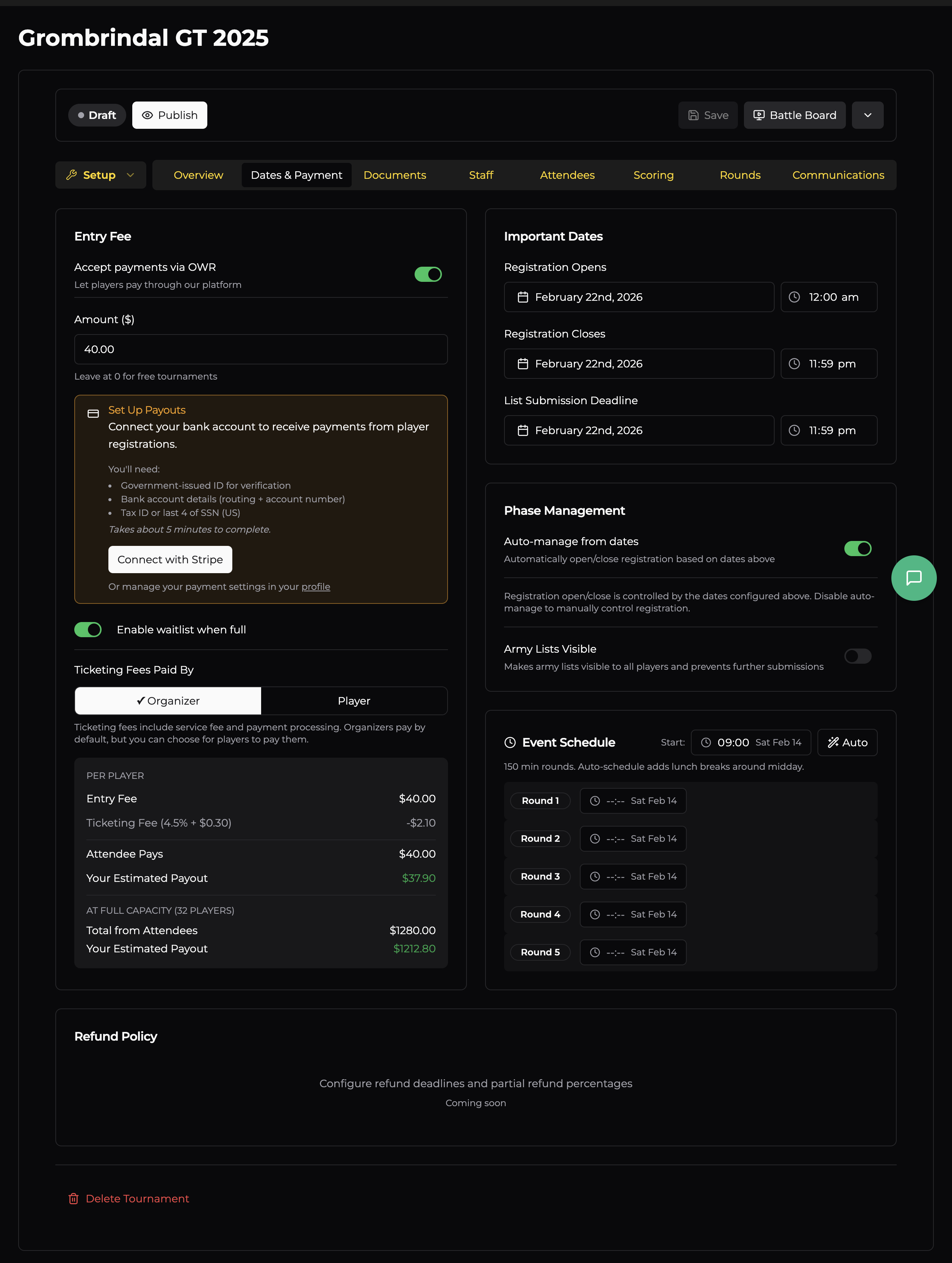 Tournament Hosting — Dates and Payment Tab