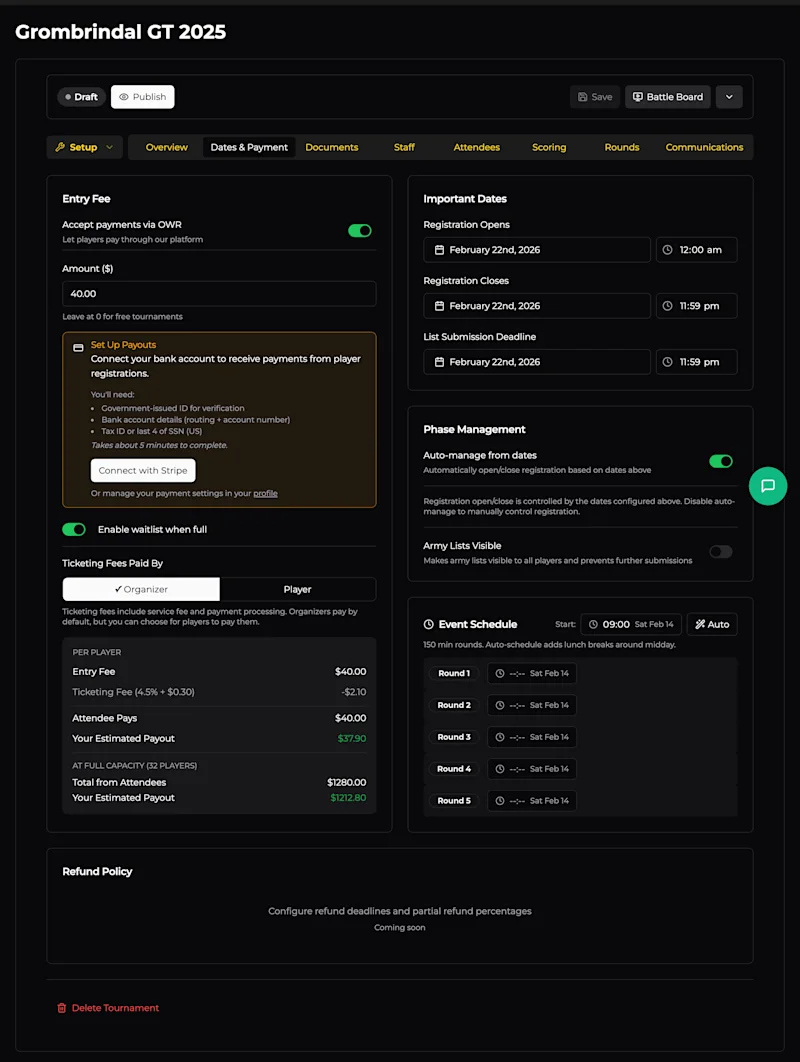 Tournament Hosting — Dates and Payment Tab