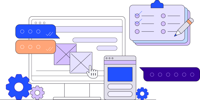 Illustration of clipboards, checklists, and gears. The symbols represent all the options available for product onboarding. 