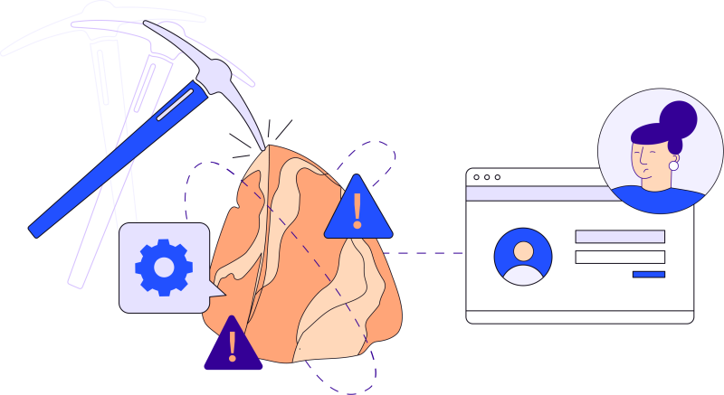 Illustration of a user above a web page. Next to it is an illustration of an axe striking an orange rock symbolizing the friction of an onboarding experience.