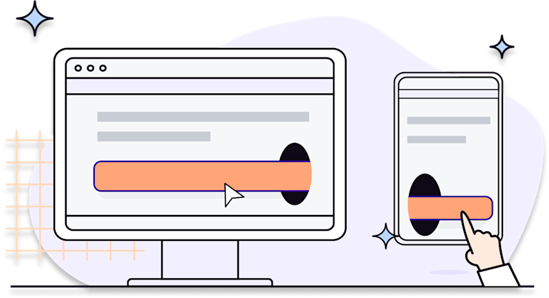 Illustration in blues and purples of a desktop monitor and a mobile phone