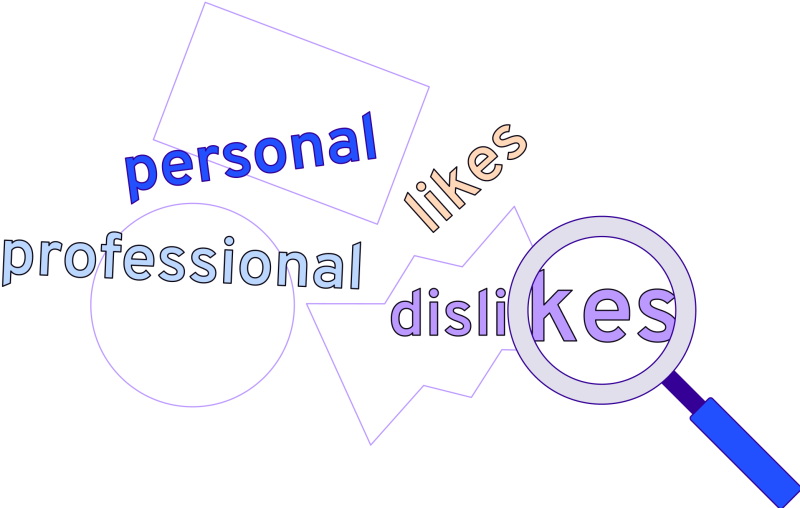 Illustration in blues, purples and oranges of a magnifying glass and the words, personal, professional, likes and dislikes