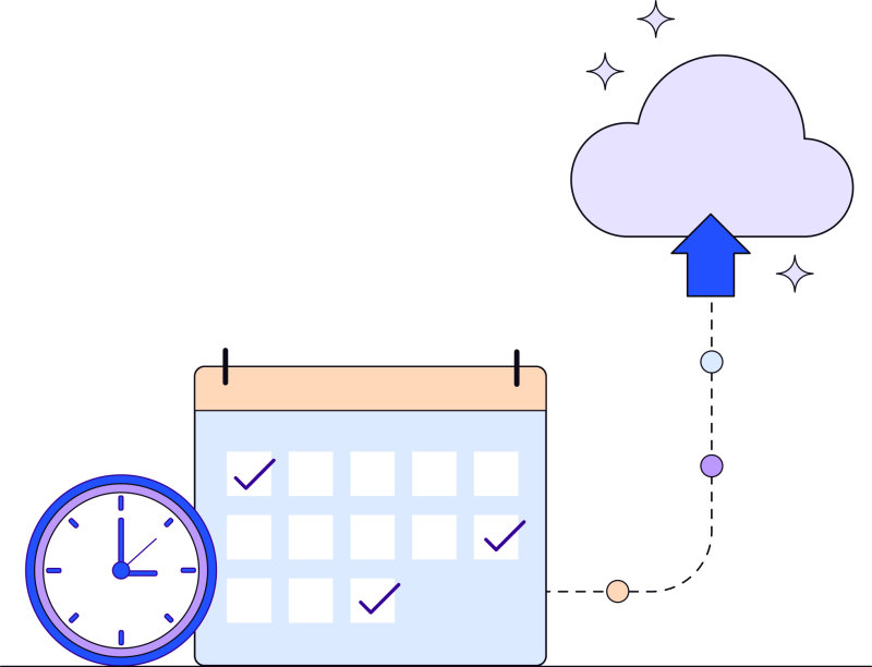 Illustration of a clock and calendar with a line leading up to a cloud.