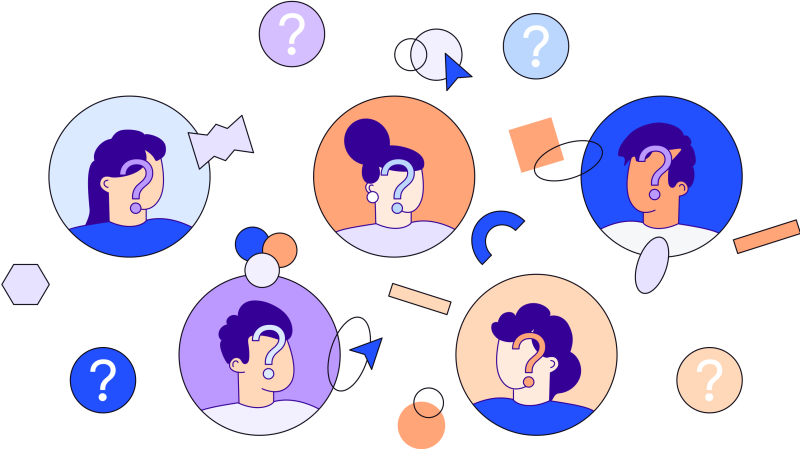 Illustration in blues, purples and oranges of five faces with question mark surrounded by various shapes