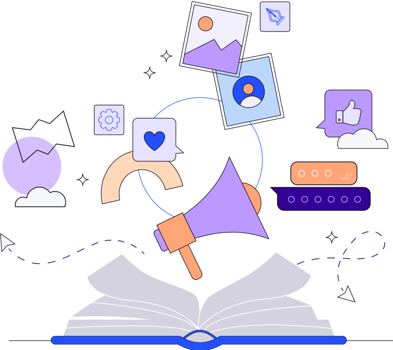 Illustration in blues, purples, grays and oranges of an open book surrounded by megaphone, heart, thumbs up sign, cloud, stars, gear icon and tip of a pen