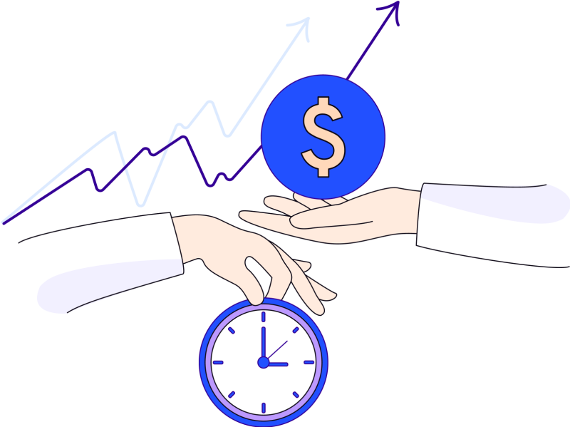 Illustration of two hands, one turned upward holding a dollar sign and one turned downward holding a clock.