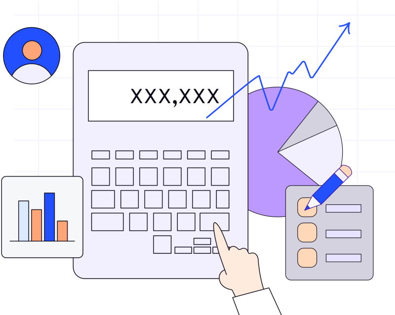 Illustration in blues, purples and oranges of a calculator surrounded by chart, clipboard, bar graph, pie graph, arrow and man’s head and body inside a circle