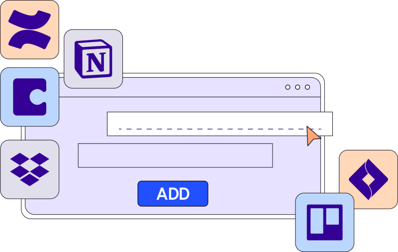 Illustration of a box to embed code. Icons represent the common tools, such as Coda, Notion, Trello, Jira, Dropbox, and Confluence.