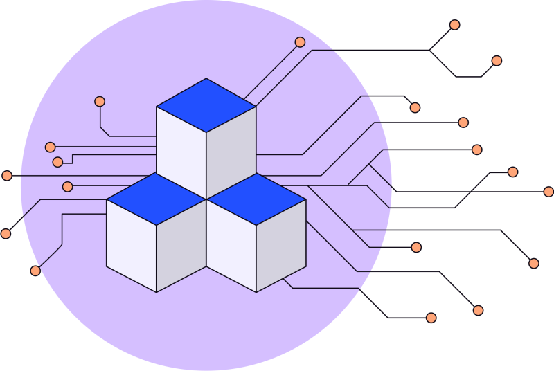 Illustration in blues, purples and oranges of three boxes surrounded by vias