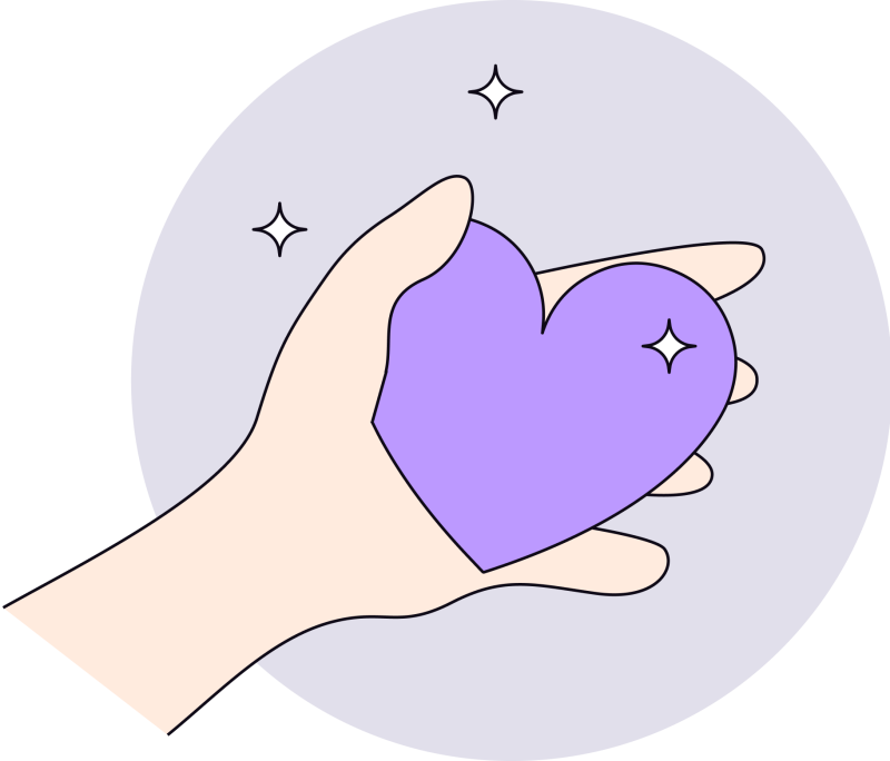 Illustration in purples and oranges of a left hand holding a purple heart