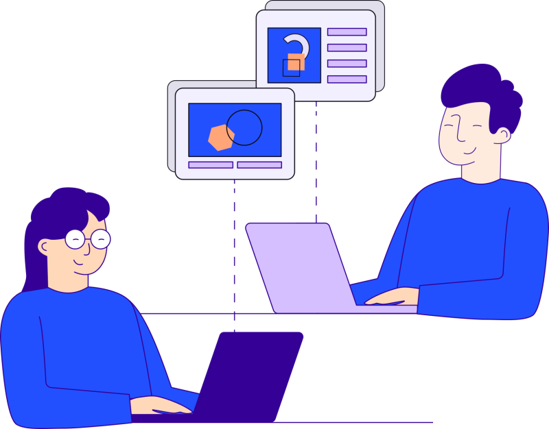 Illustration of two people using laptops with a dotted connection showing how they can work remotely but together.