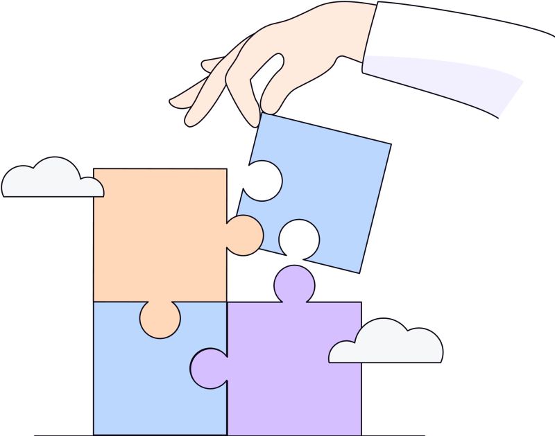 Illustration in blues, purples and oranges of four puzzle pieces and a hand holding one puzzle piece