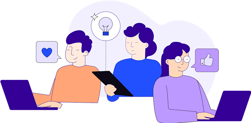 Illustration in blues, purples and oranges of a man and a woman using a laptop and another woman holding clipboard