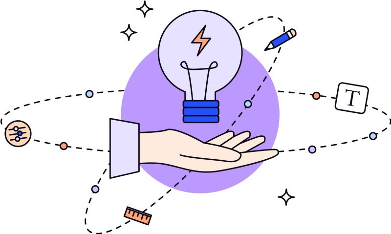 Illustration in blues, purples and oranges of light bulb floating above a hand