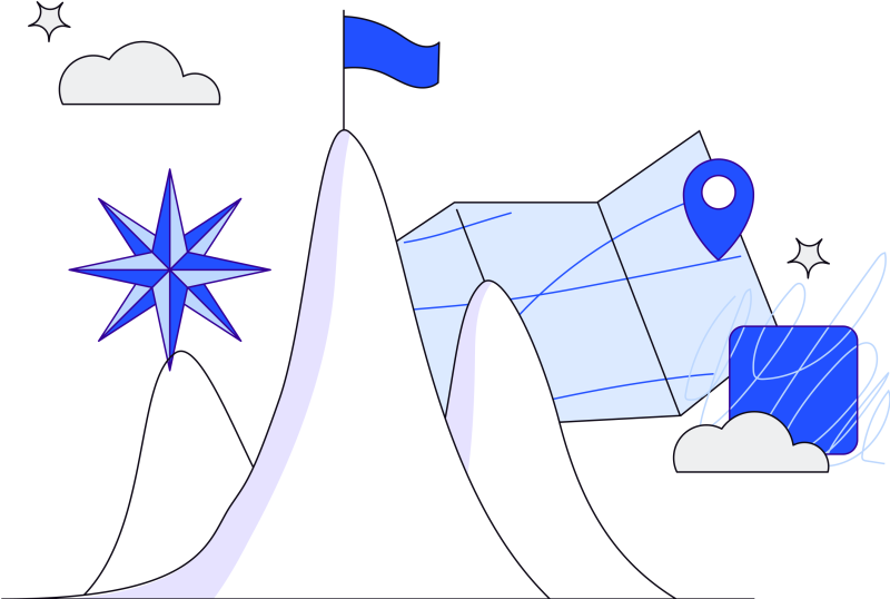 Illustration in blues, purples and gray of three mountains, flag on top of the middle mountain surrounded by eight point star, clouds, stars, and location icon