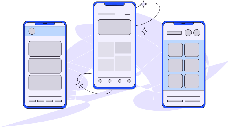 Illustration in blues, purples and gray of three mobile phones