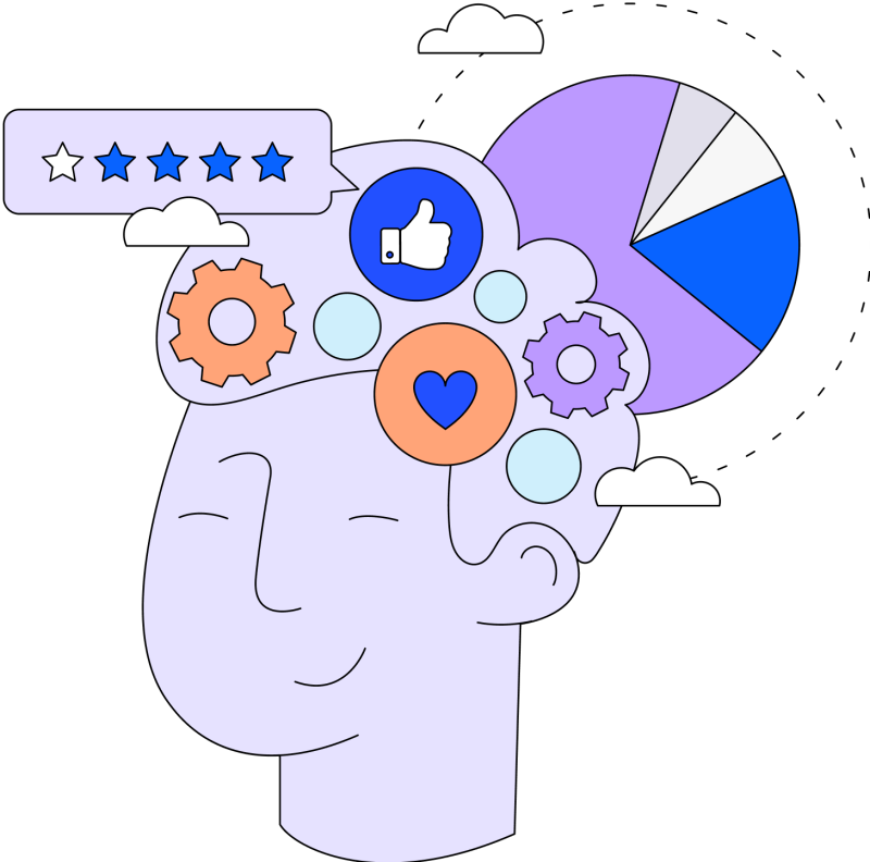 Illustration in blues, purples and oranges of a man's face with images of thumbs up, gear icon, pie chart, ratings with stars, heart and cloud