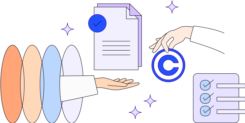 Illustration of a hand reaching through circles toward a copyright symbol. Pages with checklists are in the background, showing the details are being carefully tracked.