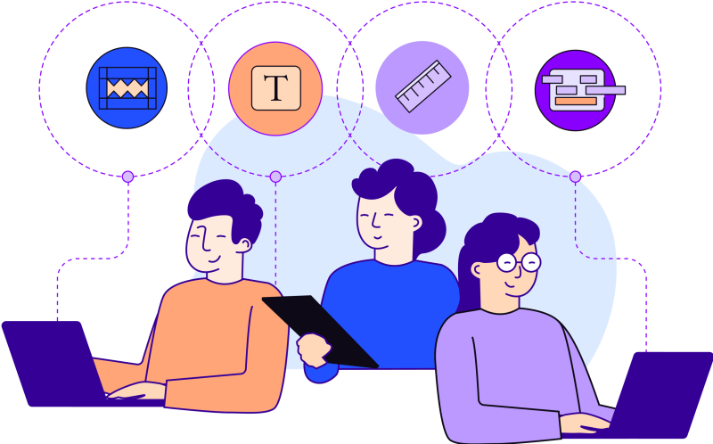 Illustration in blues, purples and oranges of man and woman using a laptop and another woman holding a tablet surrounded by ruler, text icon and graph