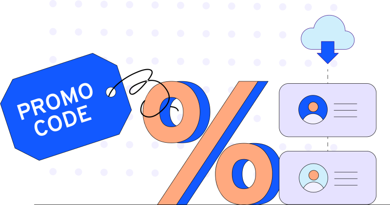 Illustration in blues, purples and oranges of percent sign, promo code, and identification cards