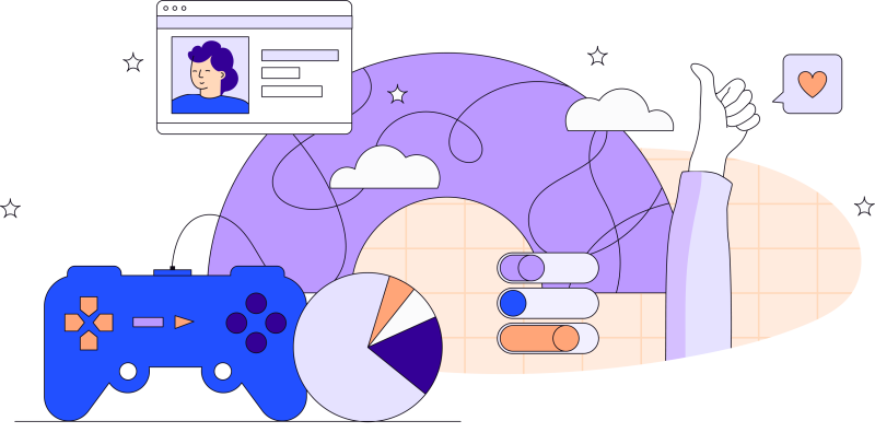 Illustration of a video game controller alongside charts and options. There is a large illustrated thumbs up giving approval.