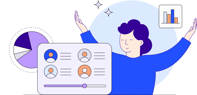 Illustration in blues, purples and oranges of a woman with raised arms, pie chart, bar graph and screen with icons of faces