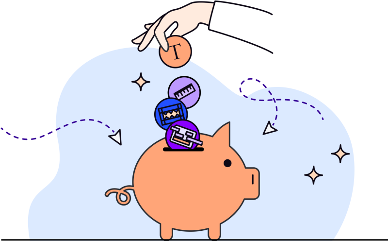 Illustration in blues, purples and oranges of piggy bank and various logos as coins