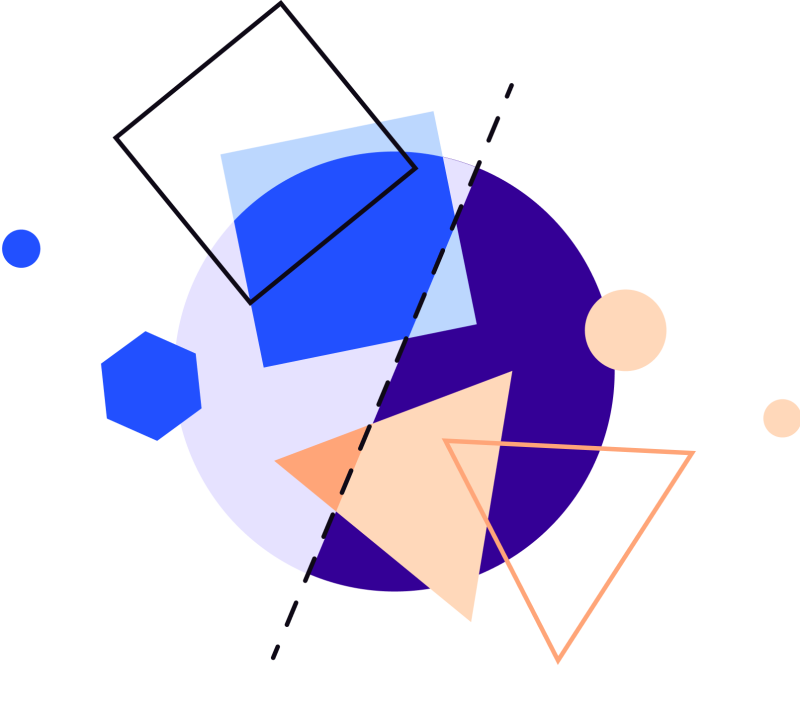 Illustration in blues, purples and oranges of a circle surrounded by various shapes