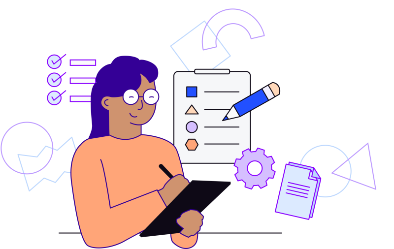 Illustration in blues, purples and oranges of woman holding a pen and clipboard, surrounded by gear icon, clipboard, pencil and documents