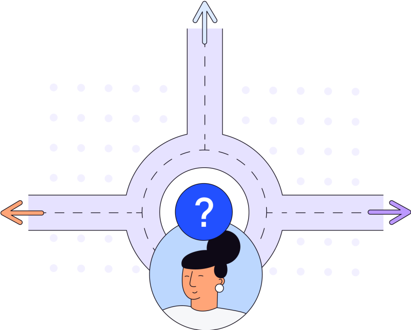 Illustration in blues, purples and oranges of woman’s face with question mark on top and a roundabout with arrows pointing straight, left and right